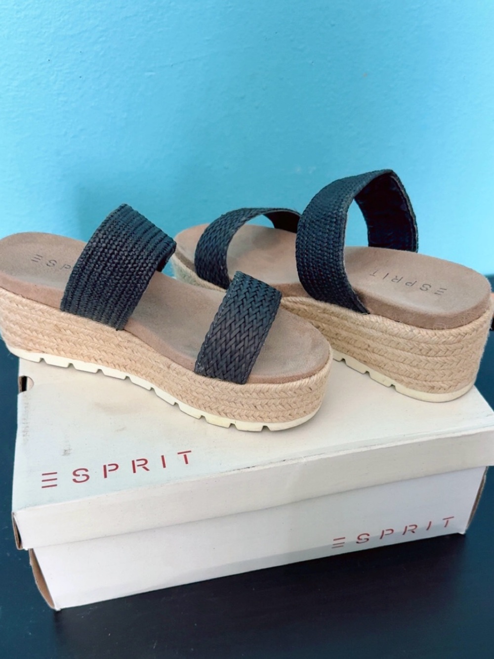 Esprit Black Braided Strap Espadrille Platform Sandals